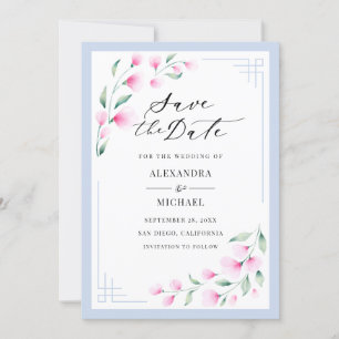 Elegant Blush Pink Blue Watercolor Flowers Wedding Save The Date