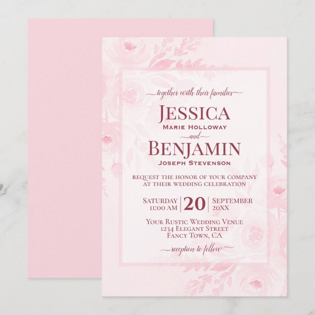 Elegant Blush Pink Boho Chic Floral Wedding Invitation (Front/Back)