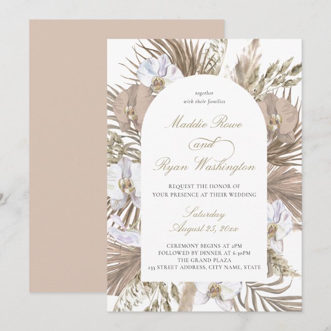 Elegant Blush Pink Boho Pampas Floral Arch Wedding Invitation (Front/Back)