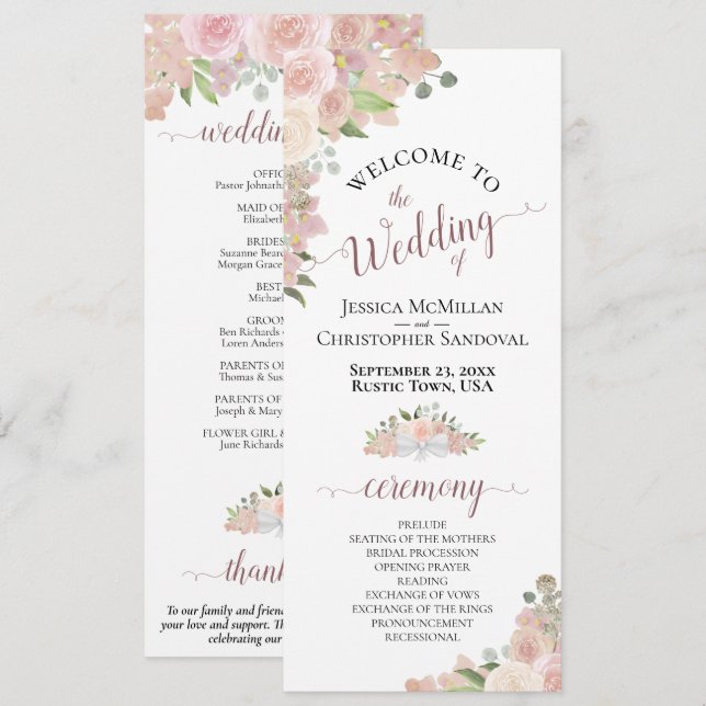 Elegant Blush Pink Boho Watercolor Floral Wedding Programme (Front/Back)