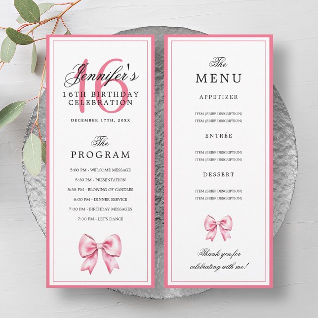 Elegant Blush Pink Bow 16th Birthday Program Menu  Invitation (Elegant Blush Pink Bow 16th Birthday Program Menu)