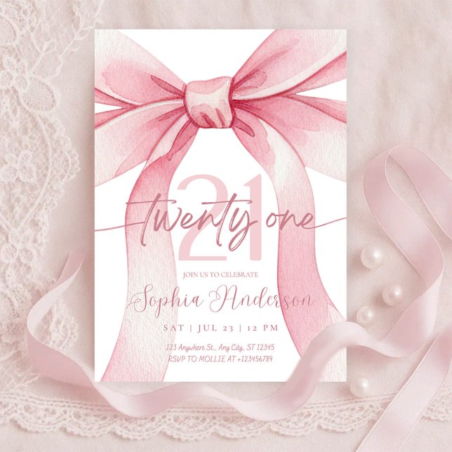 Elegant Blush Pink Bow 21th Birthday Invitation (Creator Uploaded)
