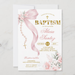 Elegant Blush Pink Bow Coquette Rosary Baptism Inv Invitation