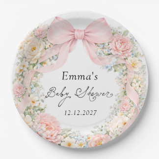 Elegant Blush Pink Bow Floral Baby Shower Paper Plate