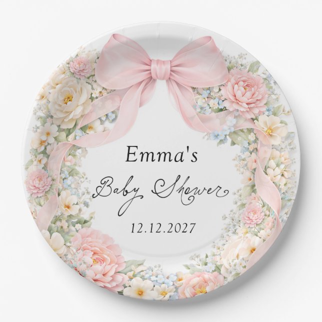 Elegant Blush Pink Bow Floral Baby Shower Paper Plate (Front)
