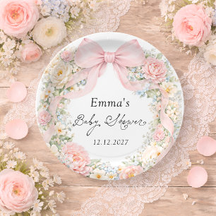 Elegant Blush Pink Bow Floral Baby Shower Paper Plate