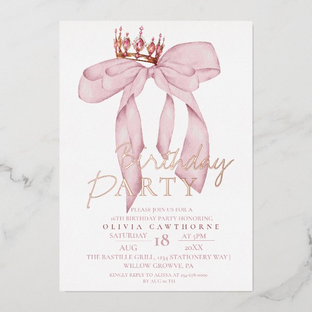  Elegant Blush Pink Bow Gold Birthday Party (Front)