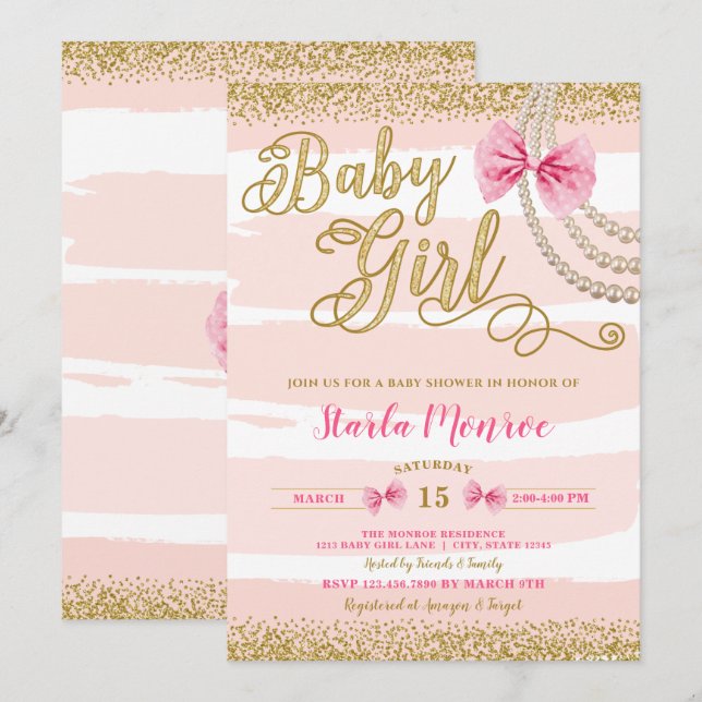 Elegant Blush Pink Bow Pearl Girly Baby Shower Invitation (Front/Back)
