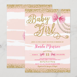 Elegant Blush Pink Bow Pearl Girly Baby Shower Invitation