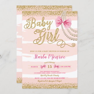 Elegant Blush Pink Bow Pearl Girly Baby Shower Invitation