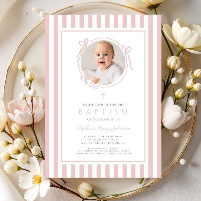 Elegant Blush Pink Bow Photo Girl Baptism Invitation (Elegant Blush Pink Bow Photo Girl Baptism Invitation)