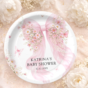Elegant Blush Pink Bow Wildflower Baby Shower Paper Plate