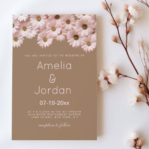 Elegant blush pink brown daisies floral Wedding Invitation