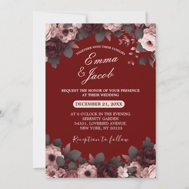Elegant Blush Pink Burgundy Boho Floral Wedding Invitation (Front)