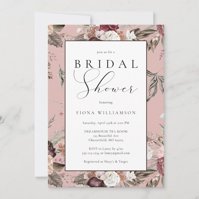Elegant Blush Pink Burgundy Floral Bridal Shower Invitation (Front)