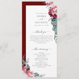 Elegant Blush Pink Burgundy Floral Foliage Wedding Programme
