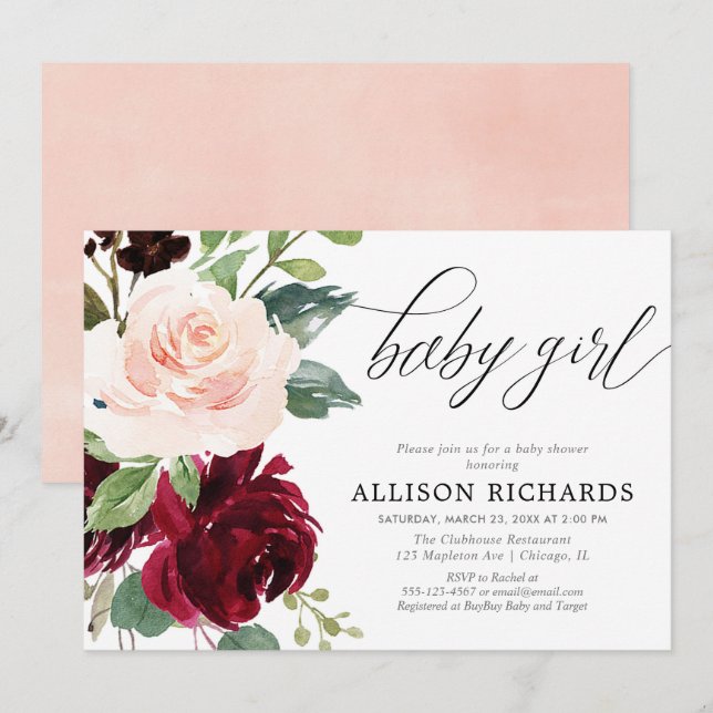 Elegant blush pink burgundy floral girl baby invitation (Front/Back)