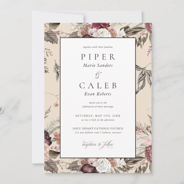 Elegant Blush Pink Burgundy Floral Wedding Invitat Invitation (Front)