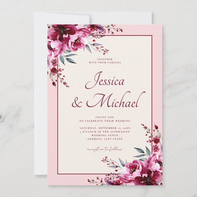 Elegant Blush Pink Burgundy Floral Wedding Invitation (Front)