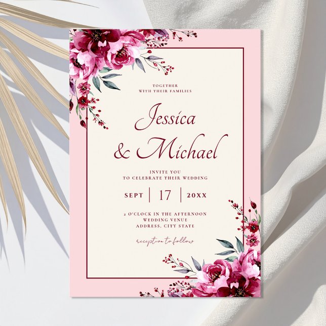 Elegant Blush Pink Burgundy Floral Wedding Invitation (Creator Uploaded)