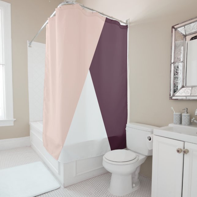 Elegant blush pink & burgundy geometric triangles shower curtain (In Situ)