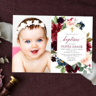 Elegant blush pink burgundy navy baptism photo invitation