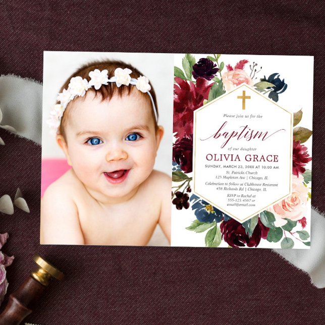 Elegant blush pink burgundy navy baptism photo invitation (Creator Uploaded)