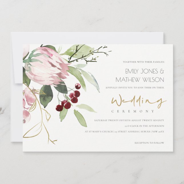 ELEGANT BLUSH PINK BURGUNDY PROTEA FLORAL WEDDING INVITATION (Front)