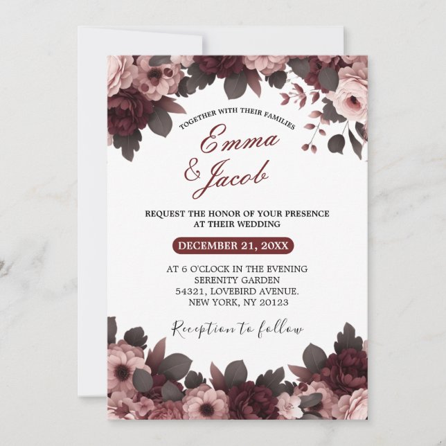 Elegant Blush Pink Burgundy Rose Boho Wedding Invitation (Front)