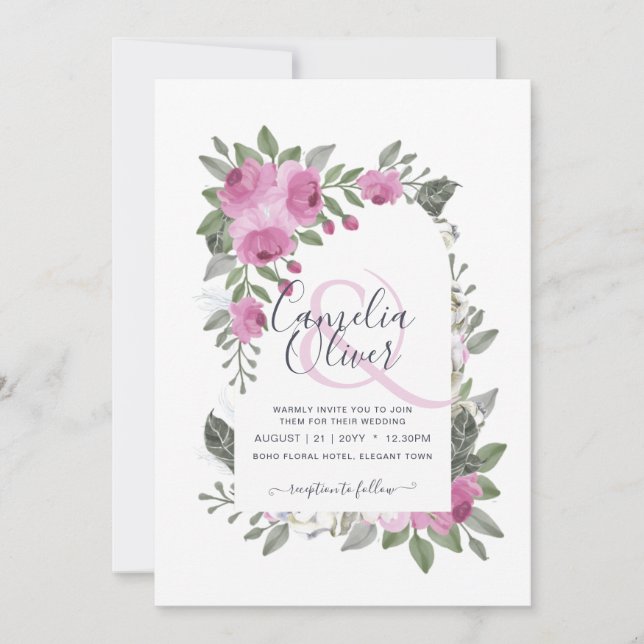 Elegant Blush Pink Cerise Floral Arch Wedding Invitation (Front)