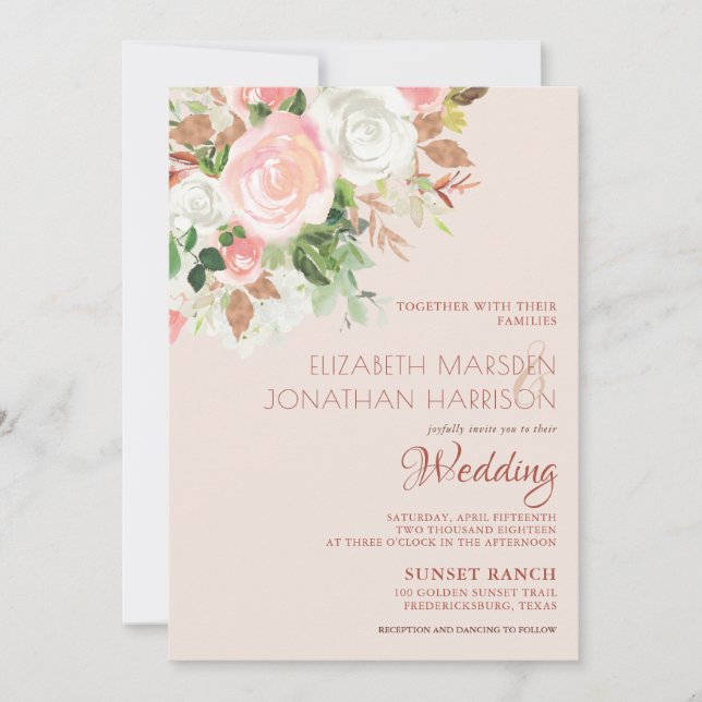 Elegant Blush Pink Champagne White Floral Wedding Invitation (Front)