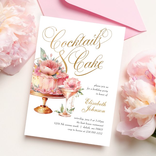 Elegant Blush Pink Cocktails and Cake Birthday Invitation (Creator Uploaded)