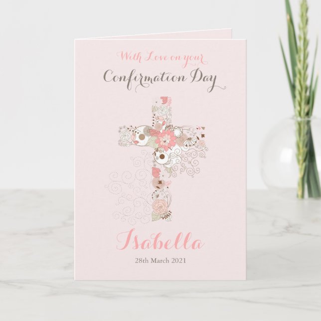 Elegant blush pink confirmation floral cross name card (Front)