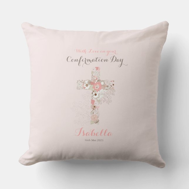 Elegant blush pink confirmation floral cross name  cushion (Front)