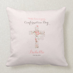Elegant blush pink confirmation floral cross name  cushion
