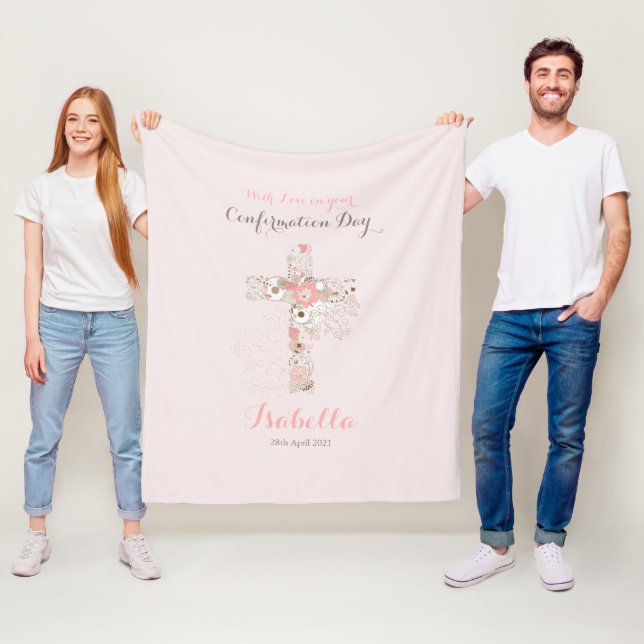Elegant blush pink confirmation floral cross name fleece blanket (In Situ)