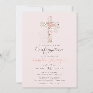 Elegant blush pink confirmation floral cross name  invitation