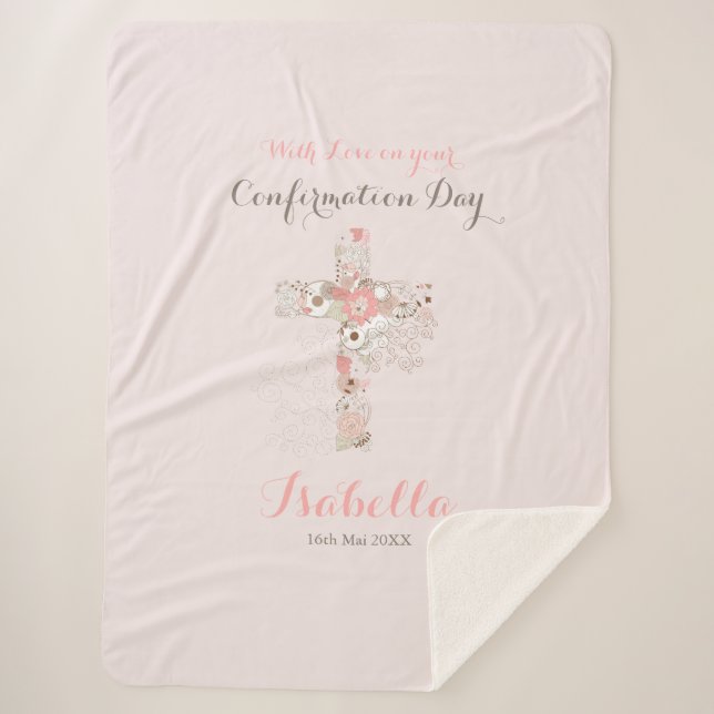 Elegant blush pink confirmation floral cross name  sherpa blanket (Front)