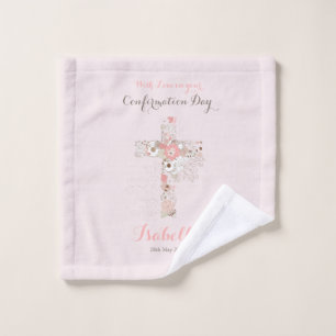 Elegant blush pink confirmation floral cross wash cloth