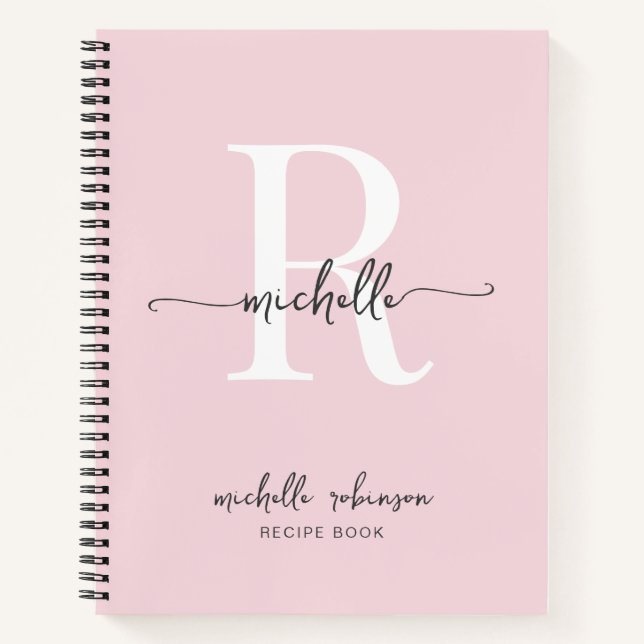 Elegant Blush Pink Cookbook Recipe Monogram Name Notebook (Front)
