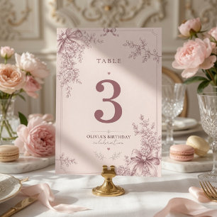 Elegant Blush Pink Coquette Bow Floral Birthday  Table Number
