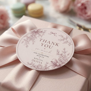 Elegant Blush Pink Coquette Bow Floral Thank You Classic Round Sticker
