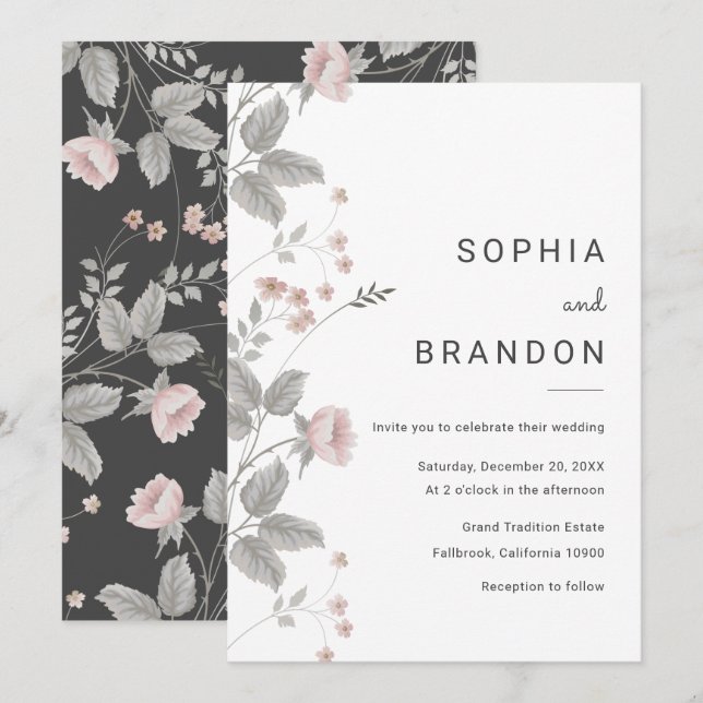 Elegant Blush Pink & Dark Grey Floral Wedding Invitation (Front/Back)