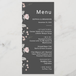 Elegant Blush Pink & Dark Grey Floral Wedding Menu