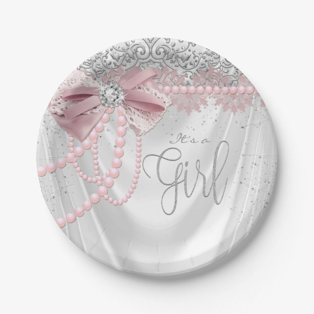 Elegant Blush Pink Diamond Pear Baby Shower Paper Plate (Front)