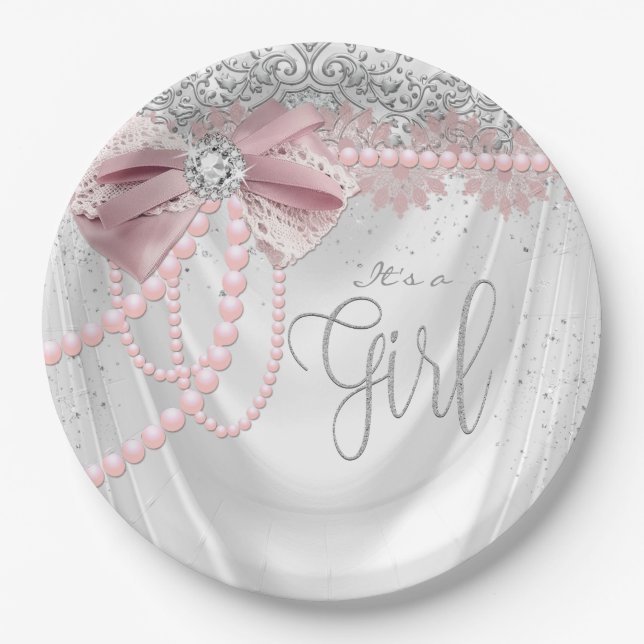 Elegant Blush Pink Diamond Pear Baby Shower Paper Plate (Front)