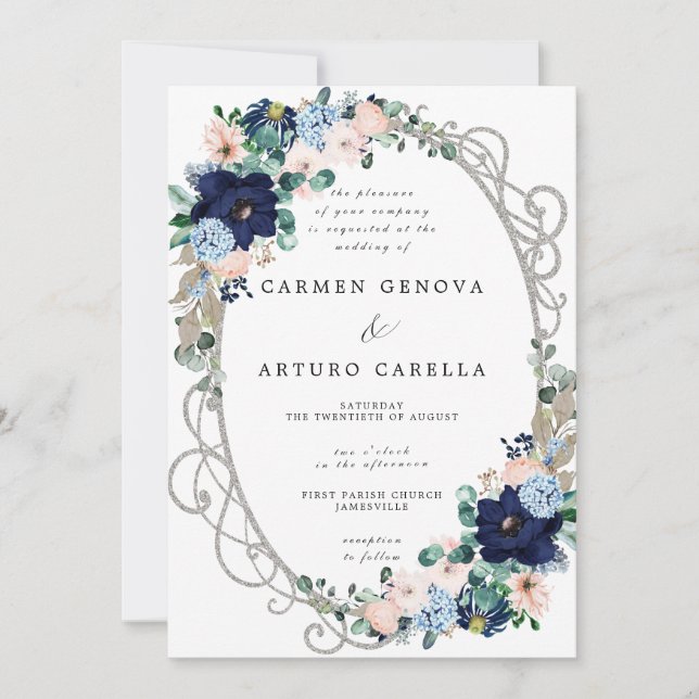 Elegant Blush Pink Dusty Blue Floral Wedding Invit Invitation (Front)