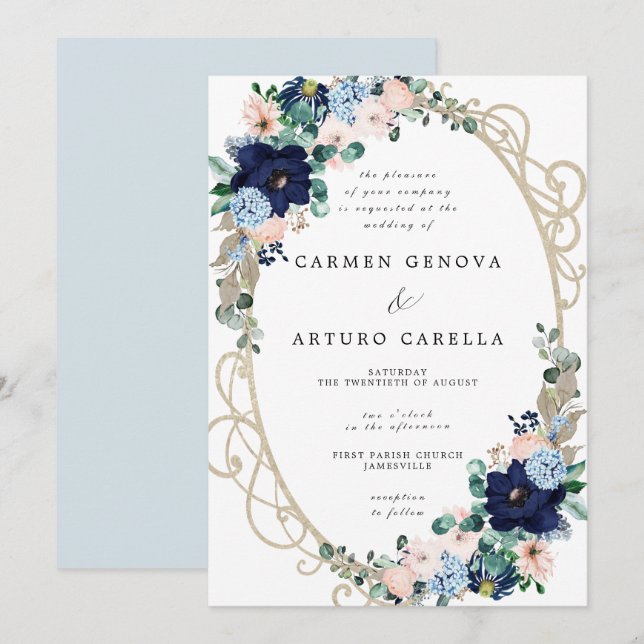 Elegant Blush Pink Dusty Blue Floral Wedding Invitation (Front/Back)