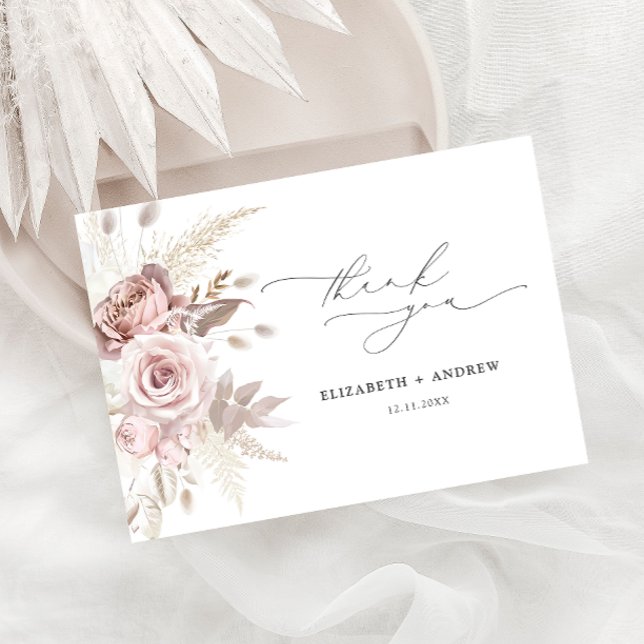 Elegant Blush Pink Dusty Rose Floral Wedding Thank You Card (Creator Uploaded)