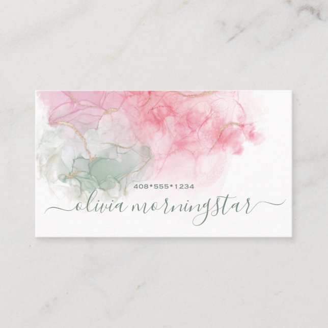 Elegant Blush Pink Dusty Sage Alcohol Ink Business Business Card (Front)